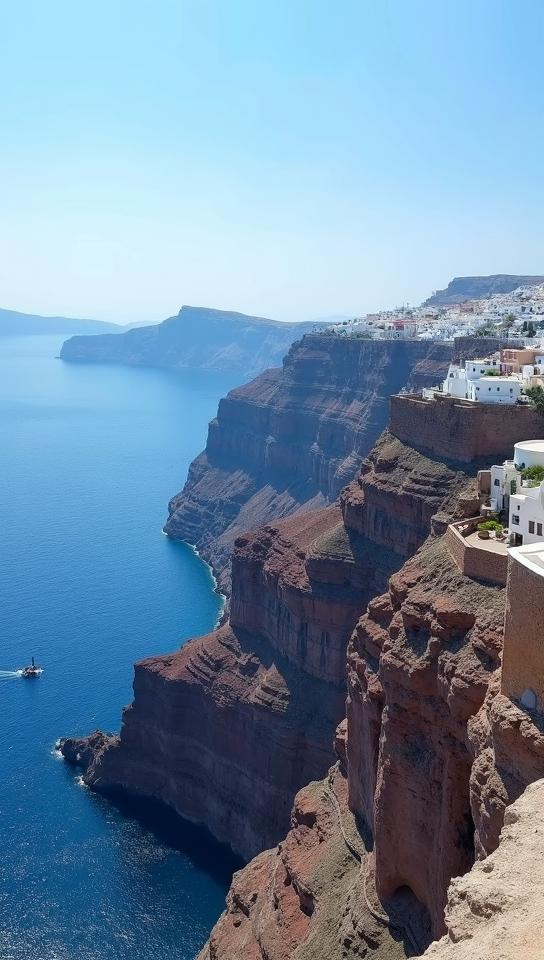 gamboge theme, The iconic cliffs of Santorini, showcasing layers of volcanic rock, topped with traditional Cycladic architecture