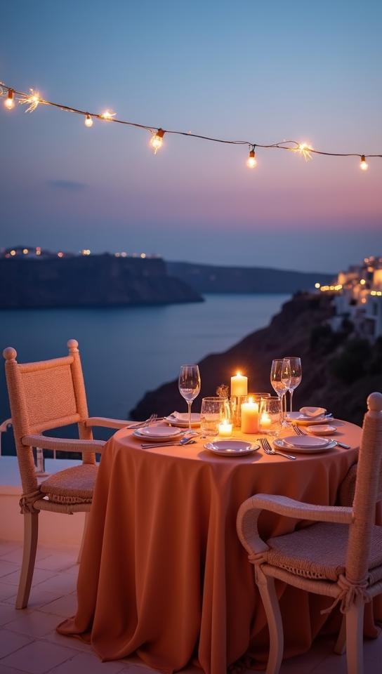 saffron theme, A romantic dinner setting in Santorini s Oia, with a table for two on a terrace, overlooking the caldera