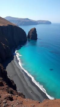 tomato theme, The unique landscape of Santorini s volcanic beaches, featuring dark sand, clear turquoise waters