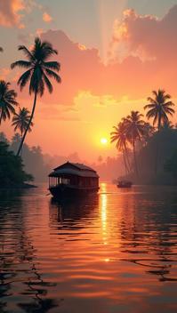malachite theme, A traditional wooden houseboat gliding through the serene Kerala backwaters at sunset, with palm trees silhouetted against the warm orange and pink sky, and local fishermen in small boats casting their nets