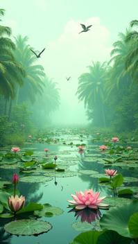 titanium white theme, A lush, green landscape showcasing the intricate network of canals and lagoons of the Kerala backwaters, with colorful native birds flying overhead and vivid lotus flowers blooming in the water