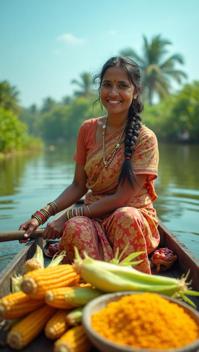 corn theme, A close up of a smiling local woman in traditional Kerala attire, steering a small boat laden with fresh produce and spices, with the verdant backwaters reflecting the clear blue sky