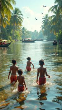 auburn theme, A group of children playing in the shallow waters of the Kerala backwaters, with schools of fish swimming around them and tall, green coconut trees lining the banks