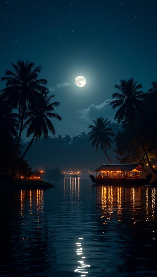 amber theme, A peaceful night scene of the Kerala backwaters, with the moon and stars shining brightly, illuminating the dark silhouettes of the houseboats and palm trees