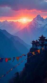 midnight blue theme, A vivid sunrise over the snow capped peaks of Bhutan s Himalayas, with a group of colorful prayer flags fluttering in the foreground and a distant monastery perched on a cliff