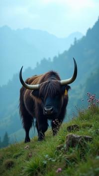 ultramarine theme, A close up of a yak grazing on a lush green hillside, surrounded by misty mountains and blooming rhododendrons in Bhutan s Himalayan range