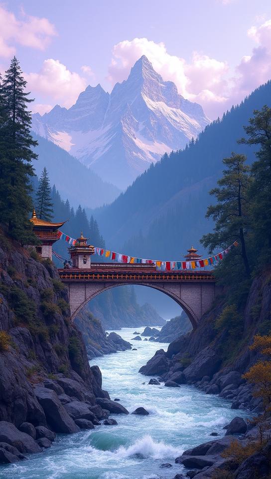 han purple theme, A traditional Bhutanese bridge draped in prayer flags, crossing a turbulent river, with a backdrop of towering Himalayan peaks and lush forests
