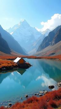 falu red theme, A serene alpine lake nestled within the Bhutanese Himalayas, reflecting the surrounding mountains and azure sky, with a lone yak herder s tent visible in the distance