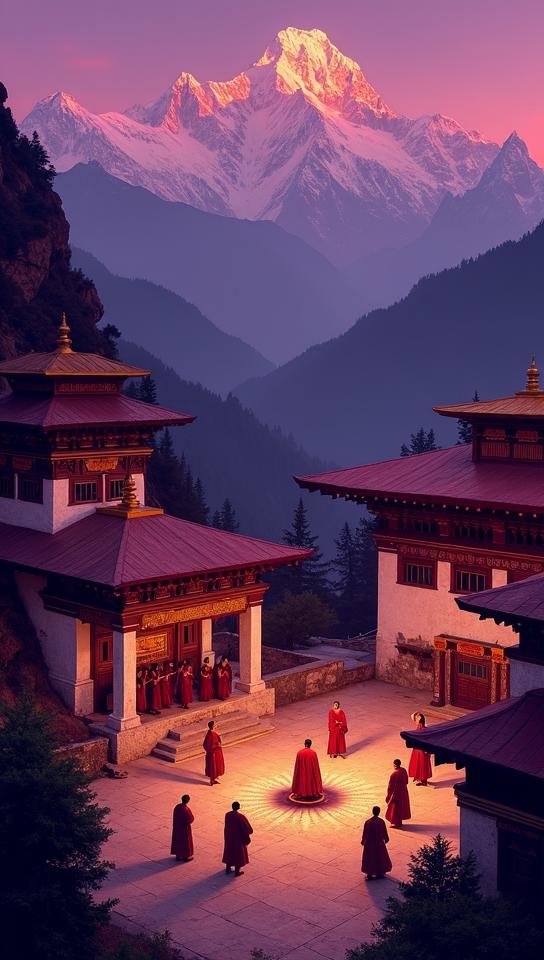 mauve theme, A vibrant depiction of the Tsechu festival at a Bhutanese monastery, with monks performing the Black Hat Dance in the courtyard, surrounded by the breathtaking landscape of the Himalayas
