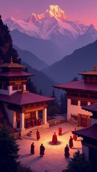 mauve theme, A vibrant depiction of the Tsechu festival at a Bhutanese monastery, with monks performing the Black Hat Dance in the courtyard, surrounded by the breathtaking landscape of the Himalayas