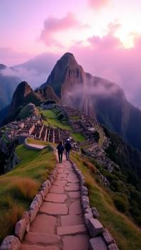 magenta theme, A panoramic vista of the ancient Inca Trail at sunrise, with Machu Picchu shrouded in mystical fog in the distance, surrounded by lush green mountains and terraces
