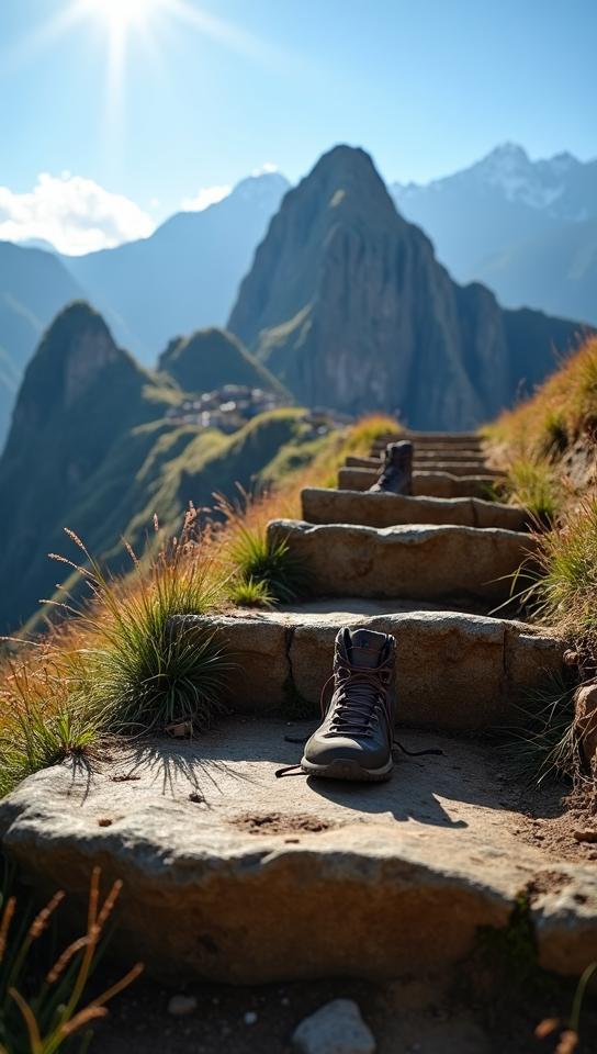 apricot theme, A close up of a worn, moss covered stone step on the Inca Trail, with a pair of weathered hiking boots ascending it