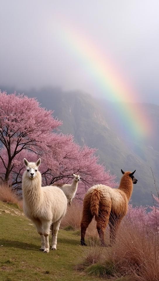 cherry blossom pink theme, A group of llamas grazing peacefully near the Inca Trail, with the ruined walls of an ancient settlement tucked into the hillside behind them, and a vibrant rainbow arcing overhead