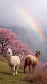 cherry blossom pink theme, A group of llamas grazing peacefully near the Inca Trail, with the ruined walls of an ancient settlement tucked into the hillside behind them, and a vibrant rainbow arcing overhead