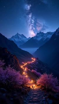cherry blossom pink theme, A dramatic nighttime view of the Inca Trail, with a procession of lantern carrying hikers winding through the darkened landscape, and a canopy of stars and the glowing Milky Way stretching out above