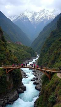 fuchsia theme, A bird s eye view of the Inca Trail winding through the verdant Urubamba river valley, with hikers crossing a wooden bridge spanning the roaring rapids below, and the snow capped Andes looming in the background
