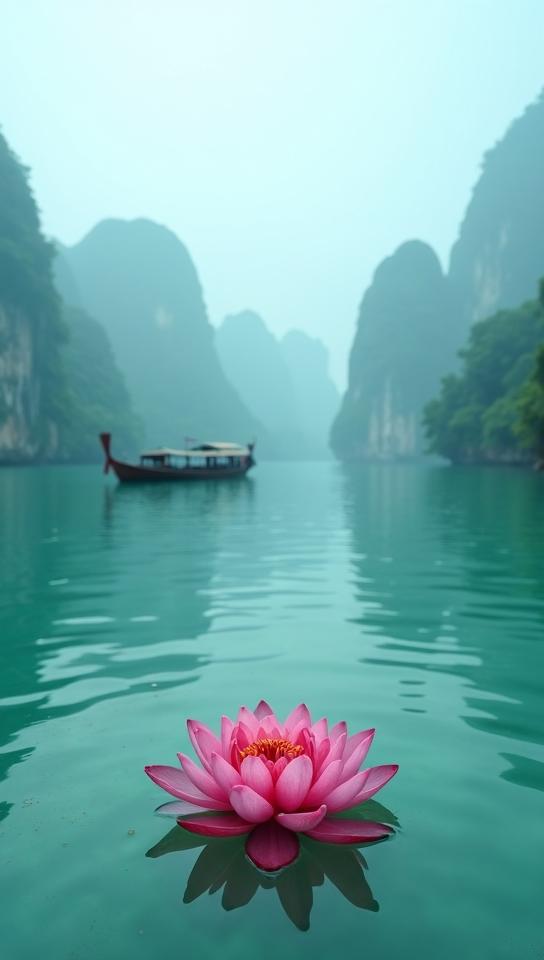 white theme, A serene morning in Thailand s Phang Nga Bay, with emerald green waters gently lapping against a traditional long tail boat Towering limestone karsts shrouded in mist, create a dramatic backdrop