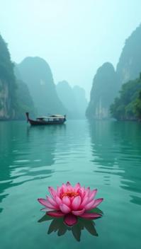 white theme, A serene morning in Thailand s Phang Nga Bay, with emerald green waters gently lapping against a traditional long tail boat Towering limestone karsts shrouded in mist, create a dramatic backdrop
