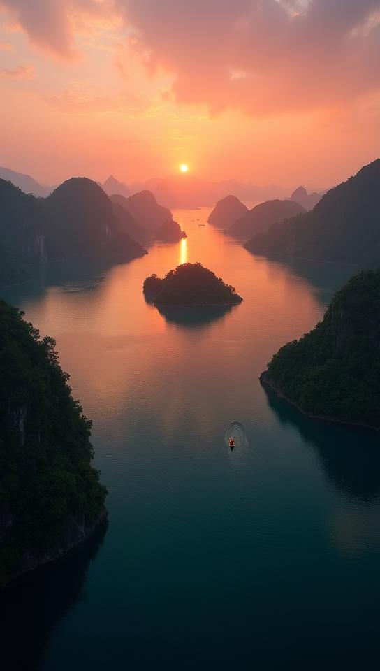 taupe theme, A bird s eye view of Phang Nga Bay at sunset, with the iconic James Bond Island standing prominently amidst the sprawling mangrove forests The sky is ablaze with hues of orange and purple, reflecting beautifully on the tranquil bay water