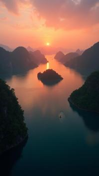 taupe theme, A bird s eye view of Phang Nga Bay at sunset, with the iconic James Bond Island standing prominently amidst the sprawling mangrove forests The sky is ablaze with hues of orange and purple, reflecting beautifully on the tranquil bay water