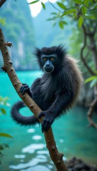royal blue theme, A close up of a gibbon hanging from a twisted mangrove branch in Phang Nga Bay, with the bay s iconic limestone cliffs and lush greenery blurred softly in the background The gibbon s fur is wet from the humidity, and a small crab can be seen climbing onto a nearby mangrove root