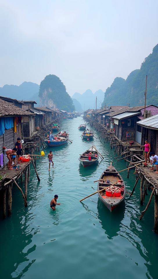 han purple theme, A panoramic view of a floating village in Phang Nga Bay, with wooden houses built on stilts and connected by rickety walkways Fishermen can be seen sorting their catch of the day, while children playfully jump into the water