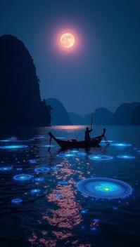cinnabar theme, A mystical night scene in Phang Nga Bay, with a full moon casting a shimmering glow on the calm waters A cluster of bioluminescent plankton creates an ethereal light show around a small wooden boat, where a local fisherman is casting his net