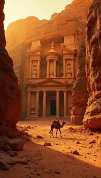 moss green theme, Create a dramatic sunset scene of the ancient Ruins of Petra, Jordan The Treasury building is the main focus, carved into the red sandstone cliffs Add shadows and warm lighting cast by the setting sun Include some crumbling structures and scattered debris to emphasize the sense of history and abandonment A lone camel walking across the foreground can add a sense of scale and life