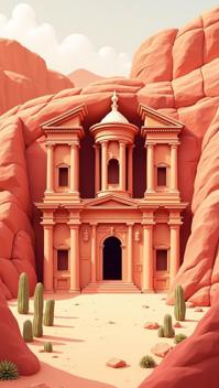 coral theme, Design a cutaway illustration of the Ruins of Petra, showcasing the interior of the Monastery building Display the intricate carvings and architectural details inside the structure Surround it with the external facade and the sprawling desert landscape, complete with rock formations and cacti