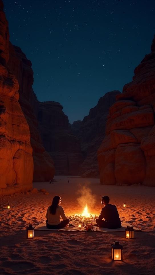 ochre theme, Generate an image of the Ruins of Petra at night, with a starry sky above and the buildings illuminated by the soft glow of moonlight Add some romantic elements like a couple sitting on a rug, enjoying a picnic under the stars