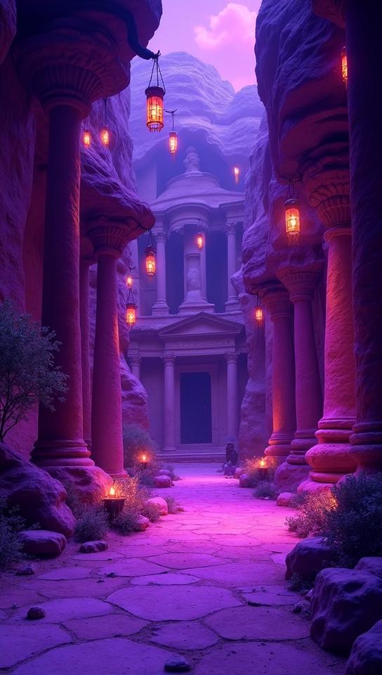 psychedelic purple theme, Produce a whimsical interpretation of the Ruins of Petra, with the buildings taking on a fantastical appearance Incorporate elements like magical vines wrapping around columns, mystical creatures lurking in the shadows
