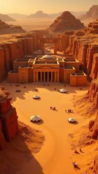 mustard theme, Create a birds eye view of the Ruins of Petra, showcasing the expansive site and the surrounding desert landscape Include various structures like the Treasury, Monastery