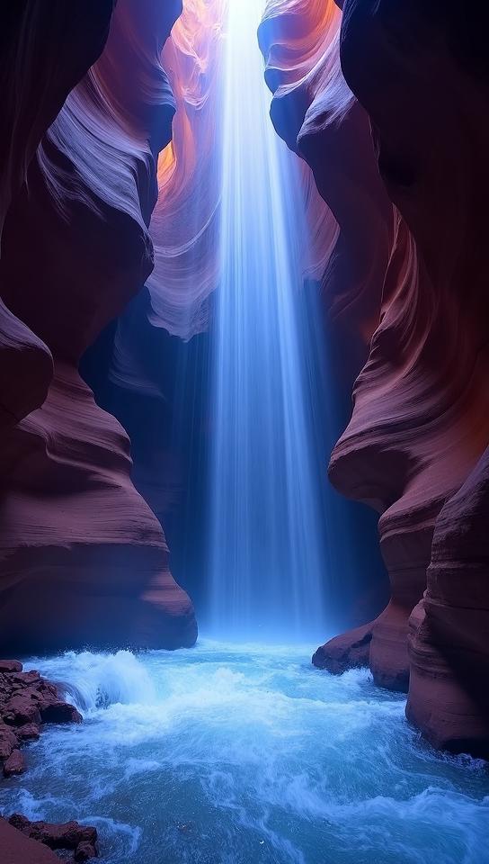 navy blue theme, A vivid scene of Antelope Canyon during monsoon season, with beams of light breaking through the canyon s narrow openings, illuminating the rushing water and red orange walls in a dramatic display of nature s power