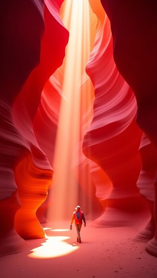 alizarin theme, A serene landscape of Antelope Canyon s upper canyon, with a Navajo guide leading a small group of tourists through the winding, abstract passageways