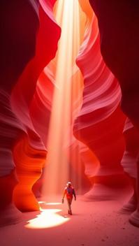 alizarin theme, A serene landscape of Antelope Canyon s upper canyon, with a Navajo guide leading a small group of tourists through the winding, abstract passageways