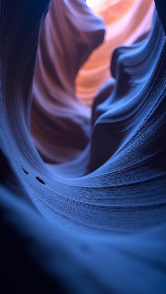 steel blue theme, A close up shot of a delicate, wind carved rock formation within Antelope Canyon, showcasing the intricate textures and patterns formed by millions of years of erosion