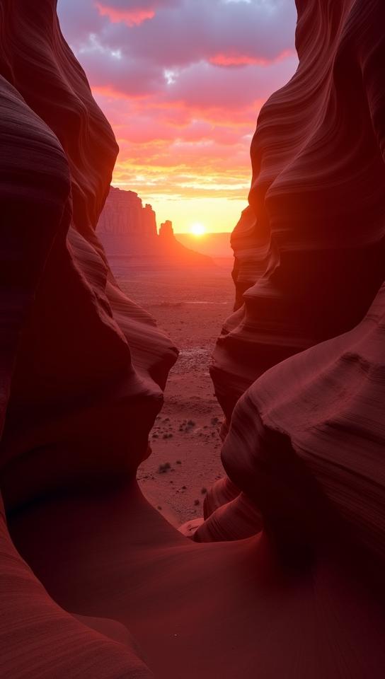 brown theme, A panoramic view of Antelope Canyon at dusk, as the setting sun paints the sky with hues of orange and pink, and the iconic slot canyon is cast in deep shadows