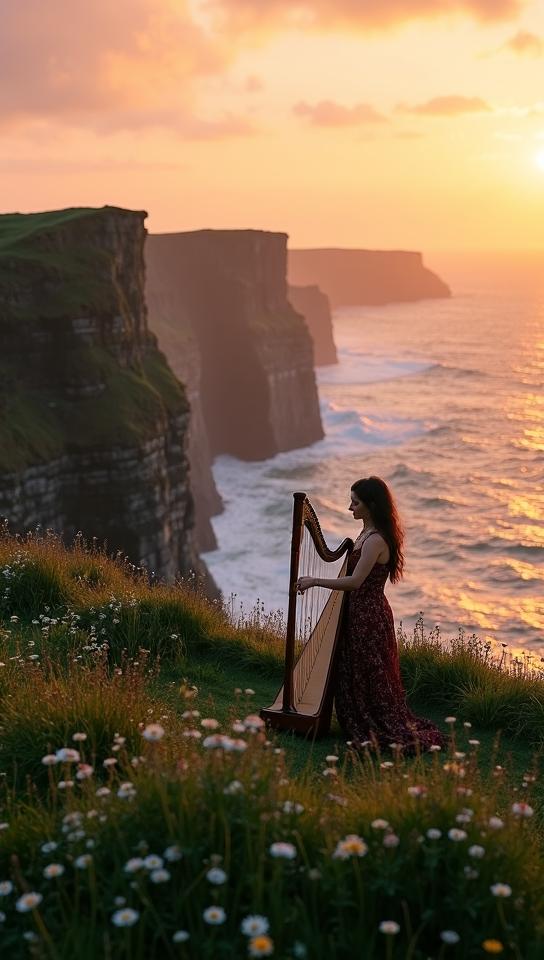 heliotrope theme, Create a dramatic sunset scene at Ireland s Cliffs of Moher, with the sheer cliffs dropping into the Atlantic ocean, waves crashing against the rocks