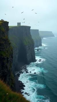 black theme, Design a bird s eye view of the Cliffs of Moher, with the jagged cliff face plunging into the foamy sea, seagulls soaring overhead