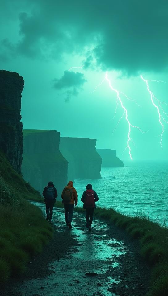 office green theme, Illustrate a stormy day at the Cliffs of Moher, with dark clouds gathering in the sky, lightning striking the ocean
