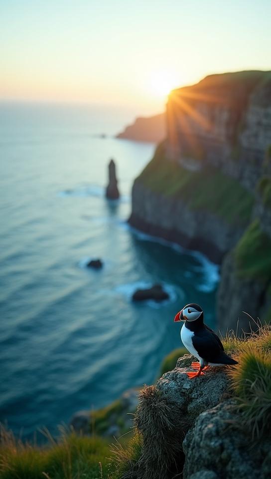 turquoise theme, Generate an image of the Cliffs of Moher at dawn, with the first light of day breaking over the horizon, casting a golden glow on the cliffs and revealing a pair of nesting puffins on the rocky surface
