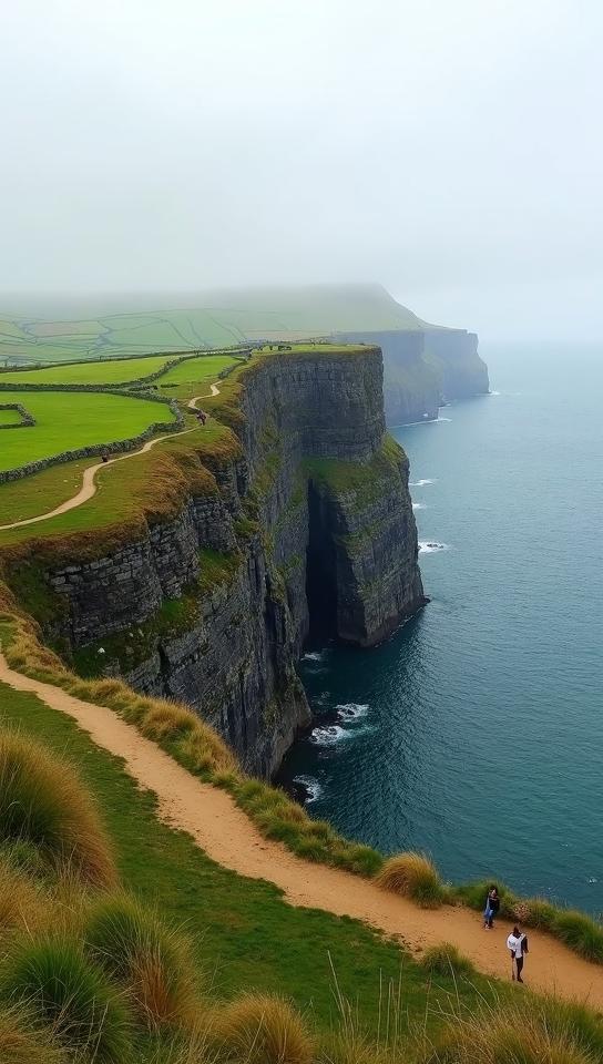 sandy brown theme, Produce a panoramic view of the Cliffs of Moher, featuring the Aran Islands in the distance, a patchwork of emerald fields behind the cliffs