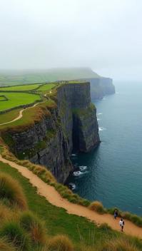 sandy brown theme, Produce a panoramic view of the Cliffs of Moher, featuring the Aran Islands in the distance, a patchwork of emerald fields behind the cliffs