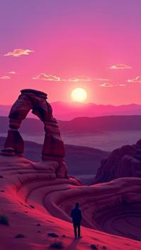 royal purple theme, A vast, panoramic view of Utah s Delicate Arch at sunset, with the sky ablaze in shades of orange and purple