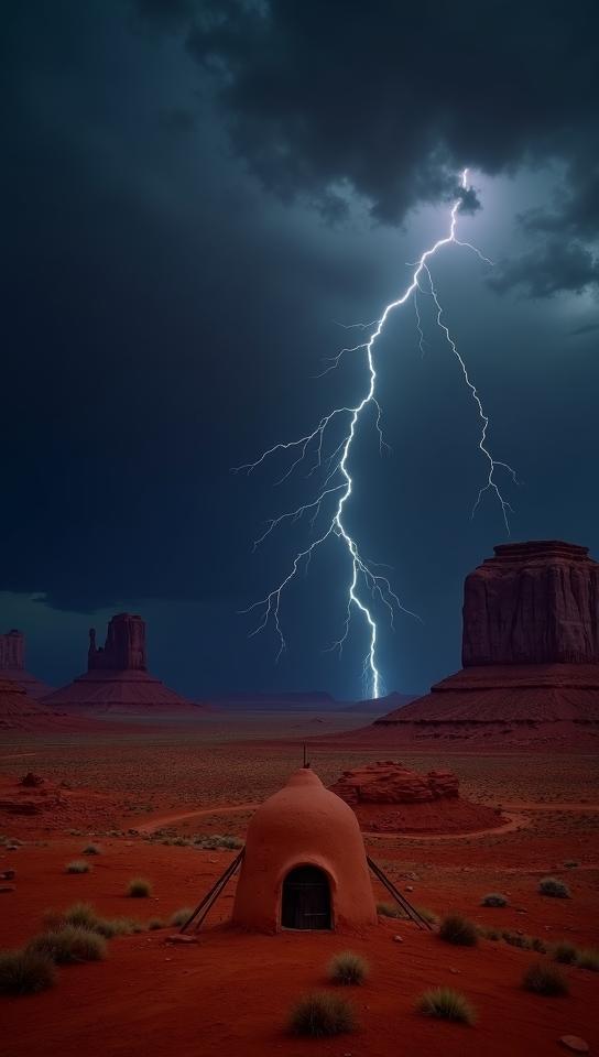 carmine theme, A dramatic image of a thunderstorm rolling over the sandstone formations of Monument Valley, with dark clouds gathering overhead, stark lightning strikes