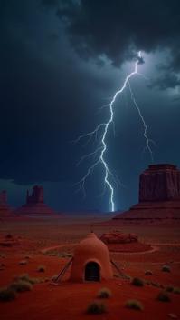 carmine theme, A dramatic image of a thunderstorm rolling over the sandstone formations of Monument Valley, with dark clouds gathering overhead, stark lightning strikes