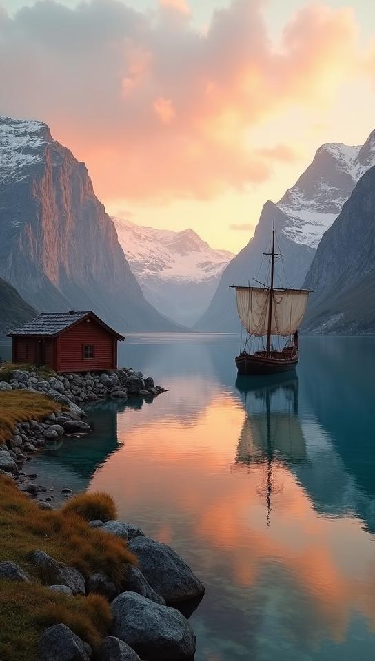brown theme, A serene Norwegian fjord at sunset, with towering snow capped mountains reflected in the crystal clear waters, a small red wooden cabin nestled on the shore