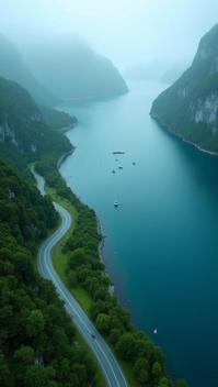 smalt theme, A top down view of a winding road hugging the coast of a misty fjord, with a lush green forest on one side and the deep blue water on the other, speckled with tiny fishing boats