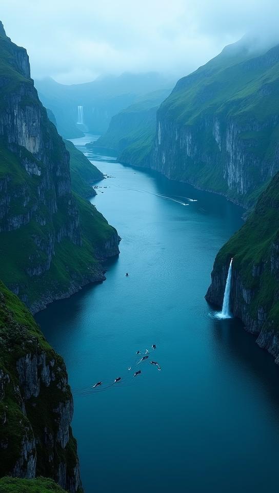 midnight blue theme, A breathtaking aerial view of a vast fjord in northern Norway, surrounded by steep, rugged cliffs and lush vegetation