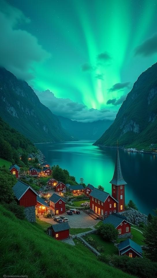 moss green theme, A cozy, rustic Norwegian village tucked between the mountains and the sea, with colorful houses